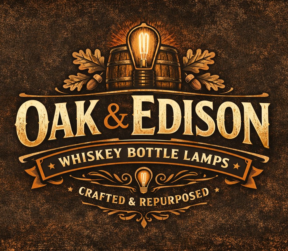 Oak & Edison logo: an Edison bulb rising from a whiskey barrel between oak leaves, with the words Whiskey Bottle Lamps, Crafted & Repurposed